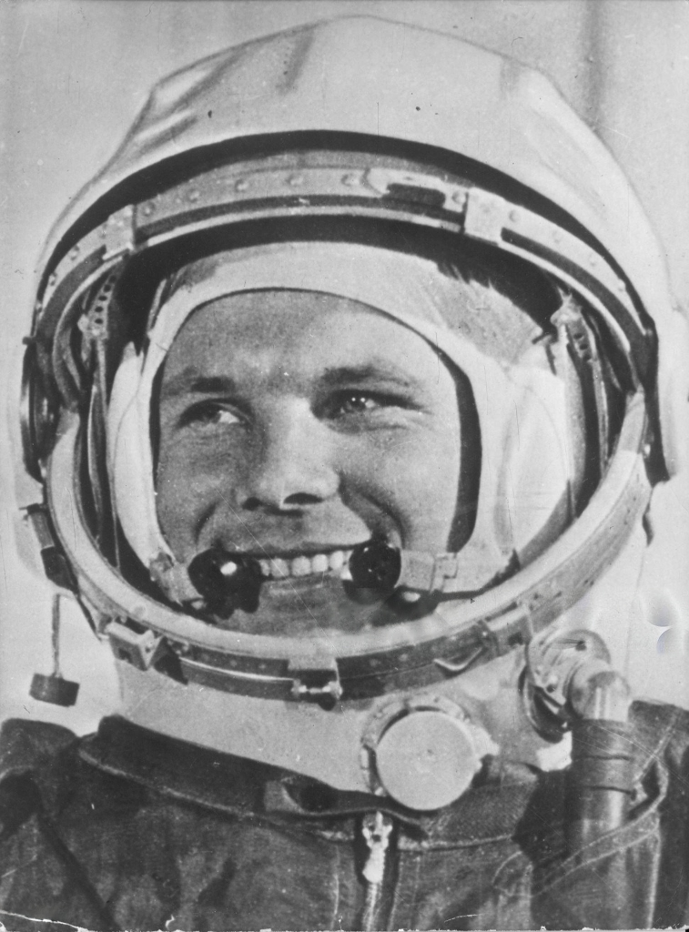 Yuri Gagarin, first human in space, in Soviet cosmonaut suit before Vostok 1 mission