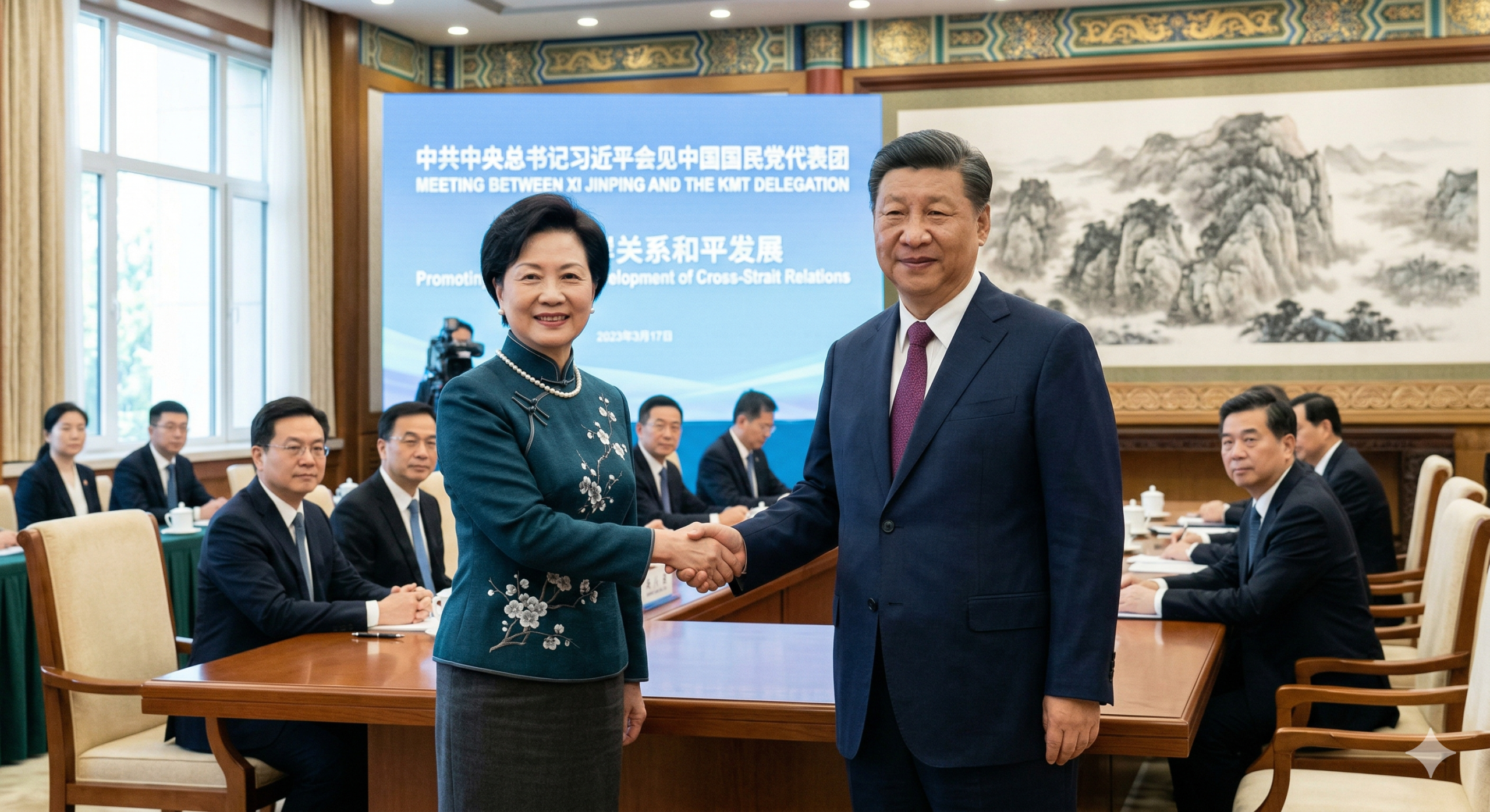 Xi Jinping shaking hands with Cheng Li-wun in Beijing Great Hall of the People